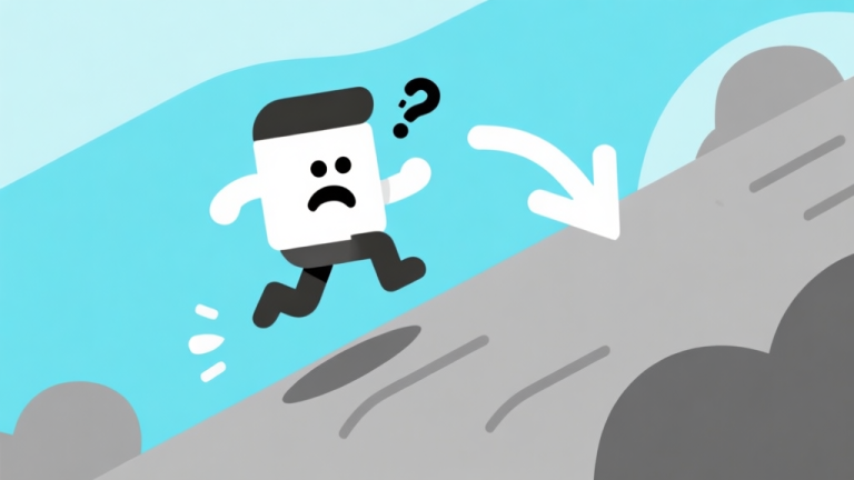 自动生成图片: Ilustrasi minimalis karakter game mobile gagal melakukan lompatan di tikungan tanjakan, terlihat bingung, dengan panah yang menunjukkan momentum yang salah, warna biru muda dan abu-abu, gaya clean vector high quality illustration, detailed, 16:9