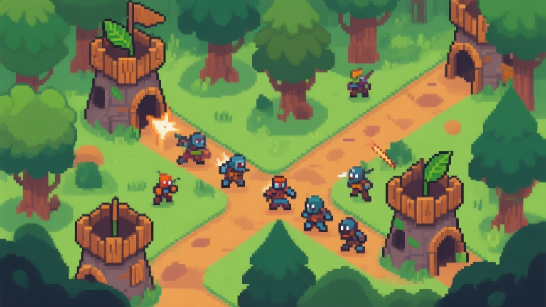 自动生成图片: Ilustrasi game Tower Defense bertema hutan, dengan jalur berliku di antara pepohonan, beberapa menara dengan desain kayu dan daun sedang menyerang gerombolan musuh kecil, gaya visual game pixel art yang clean high quality illustration, detailed, 16:9