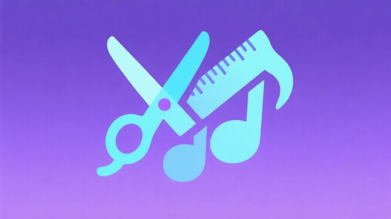 自动生成图片: Ilustrasi minimalis dari ikon gunting rambut dan penggaris yang menyatu dengan simbol musik atau not, skema warna pastel biru muda dan ungu, gaya desain bersih, konsep personalisasi game high quality illustration, detailed, 16:9