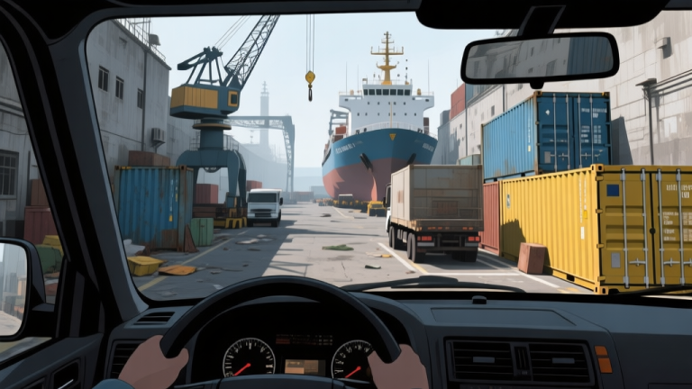 自动生成图片: Ilustrasi game bergaya realistis dari sudut pandang pengemudi, menunjukkan lingkungan galangan kapal yang sempit dan berantakan dengan kontainer, crane, dan mobil yang sedang berusaha parkir. Warna dominan abu-abu, biru karat, dan kuning kontainer, dengan pencahayaan dramatis. high quality illustration, detailed, 16:9