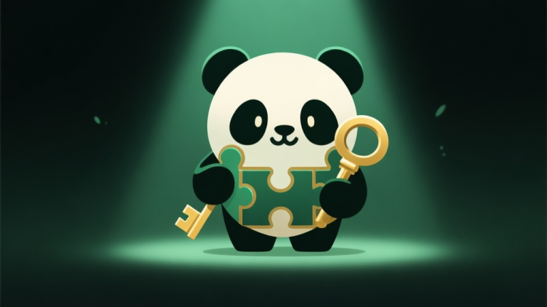 自动生成图片: Ilustrasi minimalis karakter panda stylized dengan elemen puzzle dan kunci, latar belakang gelap dengan sorotan cahaya lembut, gaya misterius game mobile, skema warna hijau dan emas high quality illustration, detailed, 16:9