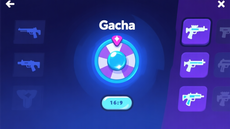 自动生成图片: Ilustrasi minimalis antarmuka spin atau gacha dalam game online, dengan tombol berkilau dan beberapa ikon senjata langka samar-samar di latar belakang, skema warna biru dan ungu gelap, gaya desain clean untuk artikel panduan high quality illustration, detailed, 16:9
