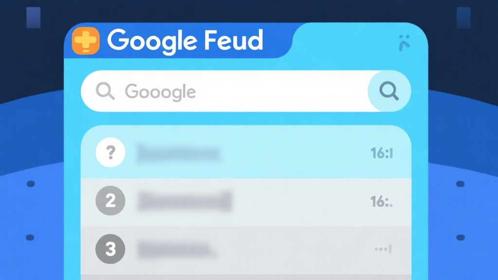 Ilustrasi minimalis layar game Google Feud dengan bilah pencarian dan beberapa opsi jawaban yang samar, skema warna biru muda dan abu-abu, desain bersih, gaya infografis data high quality illustration, detailed, 16:9