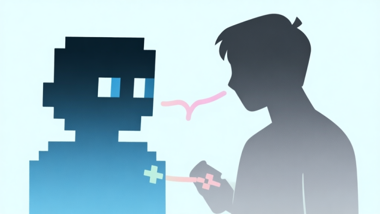 自动生成图片: Ilustrasi minimalis dua sosok siluet abstrak, satu dari karakter game pixel dan satu dari pemain manusia, terhubung oleh garis emosi berwarna pastel lembut, desain bersih dengan nuansa biru muda dan abu-abu high quality illustration, detailed, 16:9