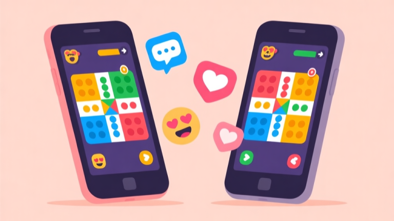 自动生成图片: Ilustrasi dua ponsel berdampingan menampilkan layar permainan Ludo online yang penuh warna, dengan ikon chat dan emoji hati melayang di antaranya, gaya flat design yang bersih dan modern, skema warna pastel yang hangat high quality illustration, detailed, 16:9