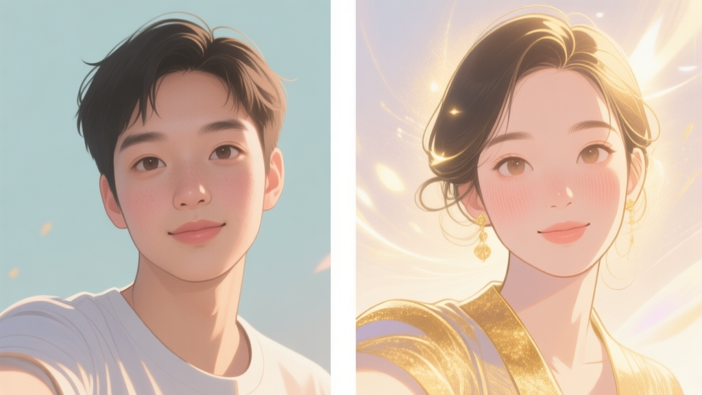 Ilustrasi kontras antara foto selfie biasa dengan versi edit peri yang magis, menunjukkan perbedaan pencahayaan, tekstur kulit, dan efek cahaya lembut, gaya ilustrasi digital clean dengan palette warna pastel dan aksen keemasan high quality illustration, detailed, 16:9