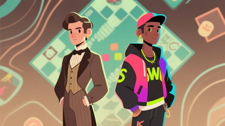 自动生成图片: Dua avatar game berdiri berseberangan, satu dengan pakaian klasik elegan (vintage) dan satunya dengan pakaian modern berani (swag), latar belakang abstrak dengan pola papan permainan, gaya ilustrasi minimalis dengan warna earth tone dan neon lembut high quality illustration, detailed, 16:9