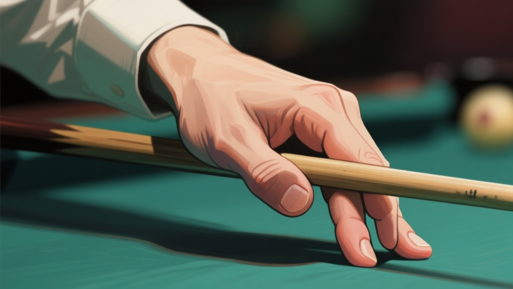 Ilustrasi close-up tangan yang memegang cue stick dengan benar, fokus pada sudut siku dan posisi jari, latar belakang meja billiard yang buram, gaya realis dengan pencahayaan dramatis high quality illustration, detailed, 16:9