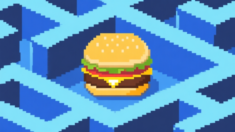 自动生成图片: Ilustrasi minimalis burger pixel art dengan efek cahaya kekuatan, ditempatkan di sudut labirin game bergaya retro, skema warna biru dan kuning lemah, desain bersih high quality illustration, detailed, 16:9