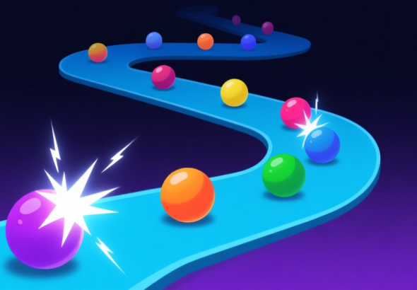 自动生成图片: Ilustrasi minimalis dari jalur berliku game Zuma dengan bola-bola warna berbeda, beberapa bola disorot dengan efek kilat, latar belakang gelap dengan gradien biru dan ungu, gaya seni digital yang bersih high quality illustration, detailed, 16:9