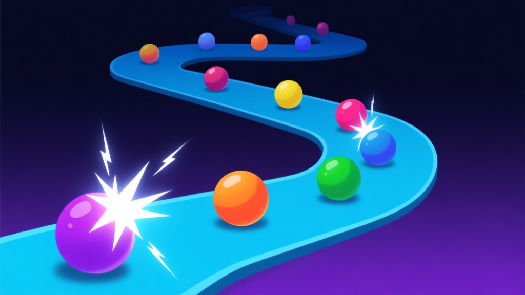 Ilustrasi minimalis dari jalur berliku game Zuma dengan bola-bola warna berbeda, beberapa bola disorot dengan efek kilat, latar belakang gelap dengan gradien biru dan ungu, gaya seni digital yang bersih high quality illustration, detailed, 16:9