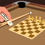 自动生成图片: Ilustrasi konseptual tangan memegang set domino dan tongkat biliar yang disusun membentuk pola strategis seperti papan catur, warna tanah dan emas, gaya minimalis clean, ilustrasi konsep game high quality illustration, detailed, 16:9