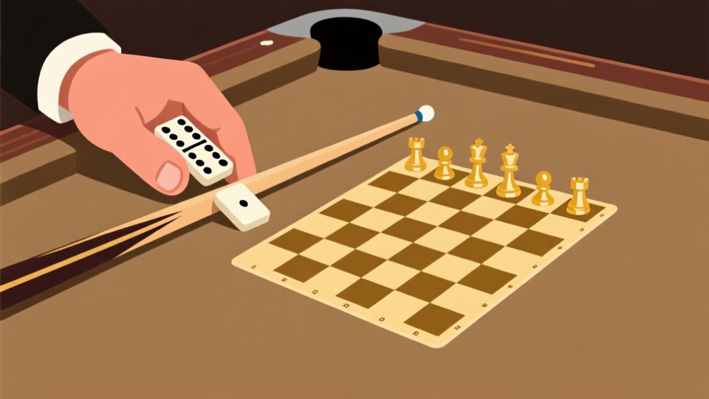 Ilustrasi konseptual tangan memegang set domino dan tongkat biliar yang disusun membentuk pola strategis seperti papan catur, warna tanah dan emas, gaya minimalis clean, ilustrasi konsep game high quality illustration, detailed, 16:9