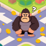 自动生成图片: Ilustrasi kartun gaya game Banana Kong Online yang menunjukkan karakter gorila bingung di persimpangan, dengan panah yang salah arah dan koin yang tercecer, warna cerah tapi tidak terlalu tajam, desain minimalis high quality illustration, detailed, 16:9