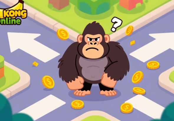 自动生成图片: Ilustrasi kartun gaya game Banana Kong Online yang menunjukkan karakter gorila bingung di persimpangan, dengan panah yang salah arah dan koin yang tercecer, warna cerah tapi tidak terlalu tajam, desain minimalis high quality illustration, detailed, 16:9