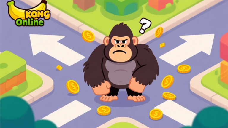 自动生成图片: Ilustrasi kartun gaya game Banana Kong Online yang menunjukkan karakter gorila bingung di persimpangan, dengan panah yang salah arah dan koin yang tercecer, warna cerah tapi tidak terlalu tajam, desain minimalis high quality illustration, detailed, 16:9