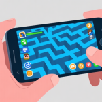 自动生成图片: Ilustrasi digital yang menunjukkan tangan pemain memegang ponsel, dengan layar penuh ikon dan tombol game yang membingungkan, digambarkan sebagai labirin abstrak berwarna biru dan abu-abu, gaya minimalis, visual yang mencerminkan kebingungan high quality illustration, detailed, 16:9