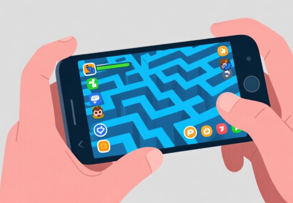 自动生成图片: Ilustrasi digital yang menunjukkan tangan pemain memegang ponsel, dengan layar penuh ikon dan tombol game yang membingungkan, digambarkan sebagai labirin abstrak berwarna biru dan abu-abu, gaya minimalis, visual yang mencerminkan kebingungan high quality illustration, detailed, 16:9