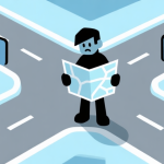 自动生成图片: Ilustrasi abstrak dari karakter video game yang berdiri di persimpangan beberapa jalan yang bercabang dan bertanda tanya, dengan peta yang setengah terbuka di tangannya. Gaya minimalis dengan skema warna biru muda dan abu-abu, nuansa kebingungan yang terasa namun teratur. high quality illustration, detailed, 16:9