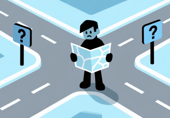自动生成图片: Ilustrasi abstrak dari karakter video game yang berdiri di persimpangan beberapa jalan yang bercabang dan bertanda tanya, dengan peta yang setengah terbuka di tangannya. Gaya minimalis dengan skema warna biru muda dan abu-abu, nuansa kebingungan yang terasa namun teratur. high quality illustration, detailed, 16:9