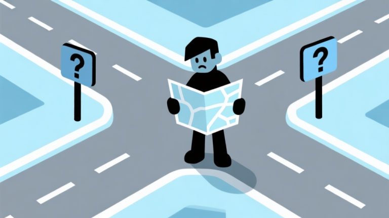 自动生成图片: Ilustrasi abstrak dari karakter video game yang berdiri di persimpangan beberapa jalan yang bercabang dan bertanda tanya, dengan peta yang setengah terbuka di tangannya. Gaya minimalis dengan skema warna biru muda dan abu-abu, nuansa kebingungan yang terasa namun teratur. high quality illustration, detailed, 16:9