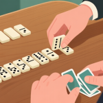 自动生成图片: Ilustrasi kartu domino yang tersusun rapi di atas meja kayu, dengan tangan seorang pemain yang sedang mengatur kartunya dengan cermat, suasana tenang dan fokus, gaya ilustrasi digital yang bersih dan informatif high quality illustration, detailed, 16:9
