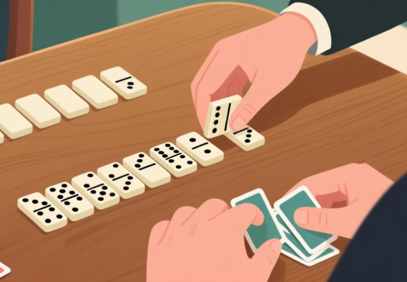 自动生成图片: Ilustrasi kartu domino yang tersusun rapi di atas meja kayu, dengan tangan seorang pemain yang sedang mengatur kartunya dengan cermat, suasana tenang dan fokus, gaya ilustrasi digital yang bersih dan informatif high quality illustration, detailed, 16:9