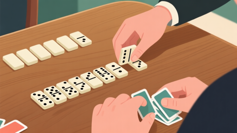 自动生成图片: Ilustrasi kartu domino yang tersusun rapi di atas meja kayu, dengan tangan seorang pemain yang sedang mengatur kartunya dengan cermat, suasana tenang dan fokus, gaya ilustrasi digital yang bersih dan informatif high quality illustration, detailed, 16:9