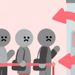 自动生成图片: Ilustrasi minimalis antrian pelanggan kartun dengan ikon wajah cemas berwarna abu-abu dan merah muda, dengan panah melingkar yang menunjukkan kemacetan, gaya datar yang bersih, skema warna pastel high quality illustration, detailed, 16:9