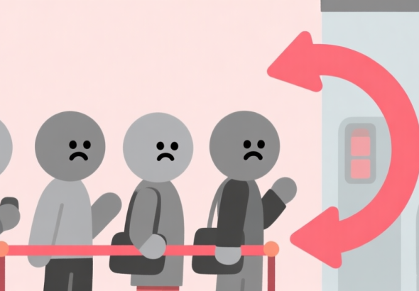 自动生成图片: Ilustrasi minimalis antrian pelanggan kartun dengan ikon wajah cemas berwarna abu-abu dan merah muda, dengan panah melingkar yang menunjukkan kemacetan, gaya datar yang bersih, skema warna pastel high quality illustration, detailed, 16:9