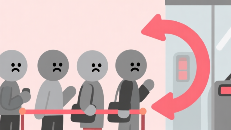 自动生成图片: Ilustrasi minimalis antrian pelanggan kartun dengan ikon wajah cemas berwarna abu-abu dan merah muda, dengan panah melingkar yang menunjukkan kemacetan, gaya datar yang bersih, skema warna pastel high quality illustration, detailed, 16:9