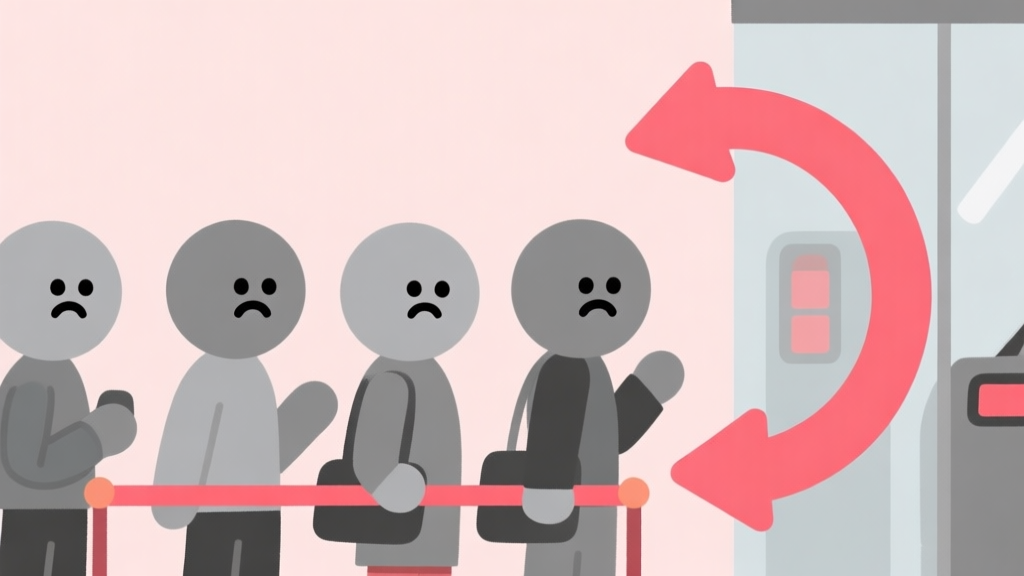 Ilustrasi minimalis antrian pelanggan kartun dengan ikon wajah cemas berwarna abu-abu dan merah muda, dengan panah melingkar yang menunjukkan kemacetan, gaya datar yang bersih, skema warna pastel high quality illustration, detailed, 16:9