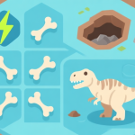 自动生成图片: Ilustrasi minimalis game dengan ikon energi, peta penggalian, dan tulang dinosaurus yang tersusun rapi, skema warna biru muda dan coklat tanah, gaya desain bersih, konsep strategi game high quality illustration, detailed, 16:9