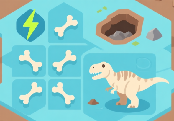 自动生成图片: Ilustrasi minimalis game dengan ikon energi, peta penggalian, dan tulang dinosaurus yang tersusun rapi, skema warna biru muda dan coklat tanah, gaya desain bersih, konsep strategi game high quality illustration, detailed, 16:9