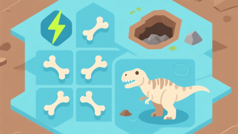 自动生成图片: Ilustrasi minimalis game dengan ikon energi, peta penggalian, dan tulang dinosaurus yang tersusun rapi, skema warna biru muda dan coklat tanah, gaya desain bersih, konsep strategi game high quality illustration, detailed, 16:9