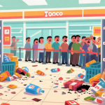 自动生成图片: Ilustrasi digital bergaya game simulasi yang menunjukkan toko supermarket yang berantakan, dengan rak-rak penuh barang menumpuk, beberapa barang jatuh ke lantai, dan antrean pelanggan yang tampak kesal. Warna dominan cerah tetapi dengan elemen kekacauan, gaya kartun yang bersih. high quality illustration, detailed, 16:9