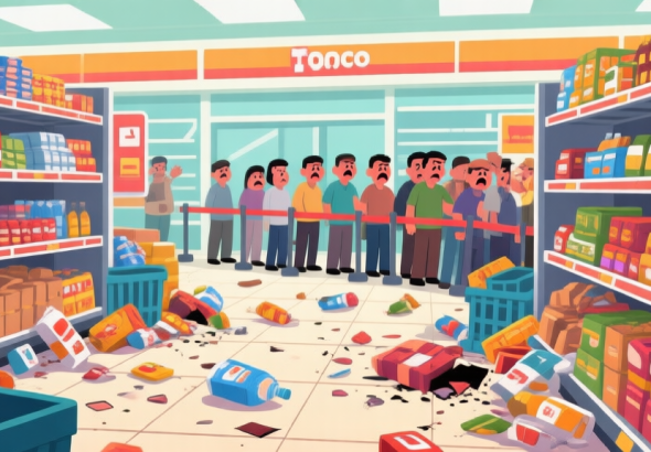 自动生成图片: Ilustrasi digital bergaya game simulasi yang menunjukkan toko supermarket yang berantakan, dengan rak-rak penuh barang menumpuk, beberapa barang jatuh ke lantai, dan antrean pelanggan yang tampak kesal. Warna dominan cerah tetapi dengan elemen kekacauan, gaya kartun yang bersih. high quality illustration, detailed, 16:9