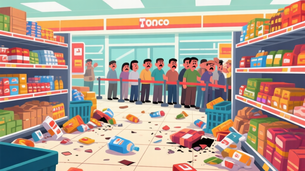 Ilustrasi digital bergaya game simulasi yang menunjukkan toko supermarket yang berantakan, dengan rak-rak penuh barang menumpuk, beberapa barang jatuh ke lantai, dan antrean pelanggan yang tampak kesal. Warna dominan cerah tetapi dengan elemen kekacauan, gaya kartun yang bersih. high quality illustration, detailed, 16:9