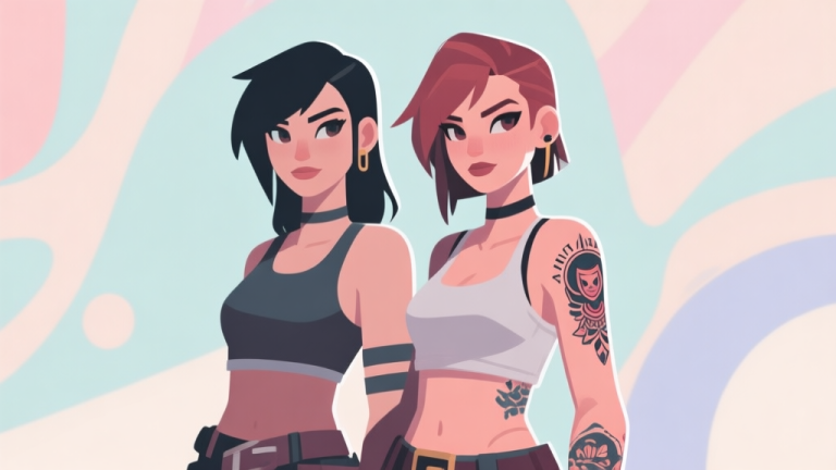 自动生成图片: Ilustrasi minimalis dua avatar karakter game perempuan berdampingan, satu dengan desain biasa dan satu dengan stiker tato unik di lengan, latar belakang abstrak dengan warna pastel lembut, gaya clean digital art high quality illustration, detailed, 16:9