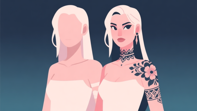 自动生成图片: Ilustrasi minimalis dua karakter avatar game perempuan berdampingan, satu polos dan satu dengan tato bunga dan pola dekoratif yang elegan di lengan dan leher, skema warna pastel soft, gaya clean vector, menunjukkan kontras sebelum dan sesudah personalisasi high quality illustration, detailed, 16:9