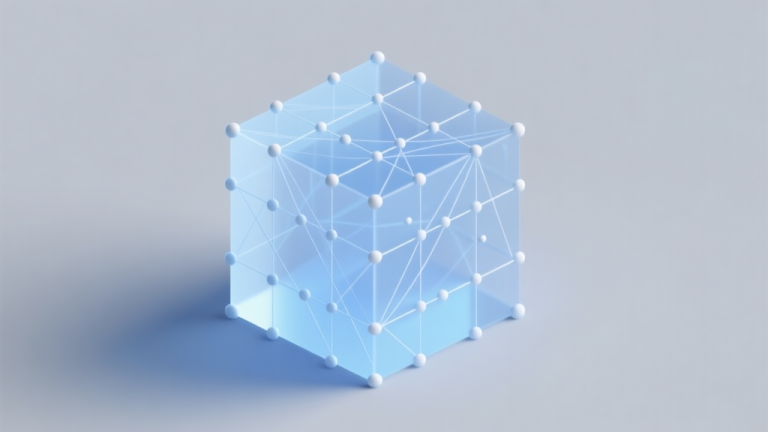 自动生成图片: Ilustrasi 3D minimalis berupa kubus transparan dengan titik-titik dan garis yang saling terhubung membentuk pola rumit, skema warna biru muda dan abu-abu, gaya clean dan geometris high quality illustration, detailed, 16:9