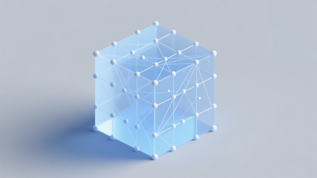 Ilustrasi 3D minimalis berupa kubus transparan dengan titik-titik dan garis yang saling terhubung membentuk pola rumit, skema warna biru muda dan abu-abu, gaya clean dan geometris high quality illustration, detailed, 16:9