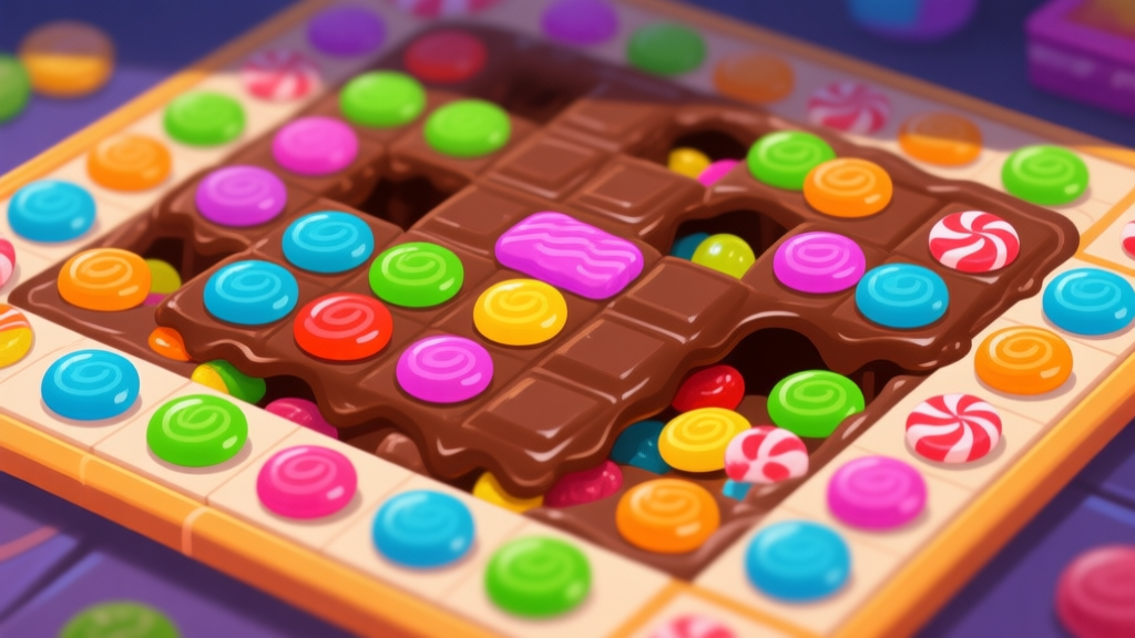 Ilustrasi close-up papan permainan Candy Match3 yang rumit, dengan jelly tersembunyi di bawah lapisan coklat dan permen warna-warni, tampak seperti teka-teki yang menantang, gaya ilustrasi game mobile yang cerah namun dengan bayangan yang menunjukkan kesulitan high quality illustration, detailed, 16:9