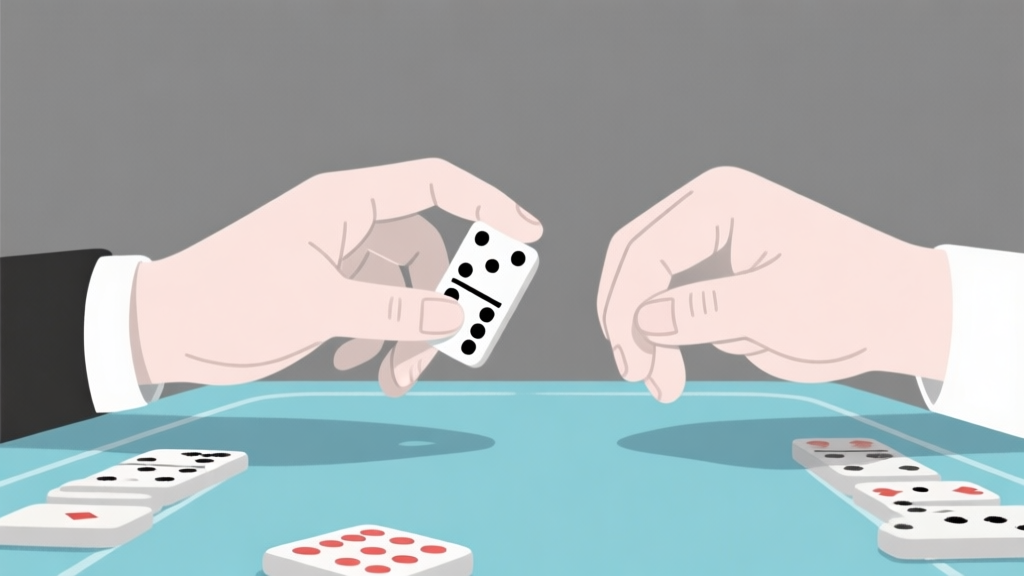 Ilustrasi minimalis dua tangan yang saling berhadapan di atas meja permainan, satu tangan memegang kartu domino dengan percaya diri, tangan lain terlihat ragu-ragu. Skema warna netral dengan aksen biru muda dan abu-abu, gaya garis bersih, konsep psikologi permainan high quality illustration, detailed, 16:9