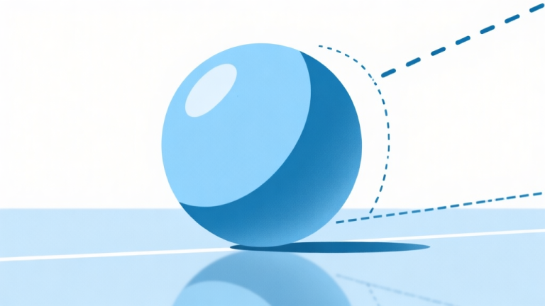 自动生成图片: Ilustrasi minimalis bola berwarna biru muda memantul dari permukaan datar dengan sudut yang jelas, garis lintasan putus-putus menunjukkan sudut datang dan pantulan, latar belakang putih bersih, gaya infografis yang sederhana dan profesional high quality illustration, detailed, 16:9
