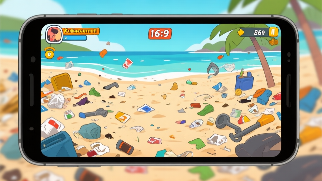 Ilustrasi game mobile dengan layar penuh kekacauan di pantai: pasir, sampah, peralatan berserakan, dan timer yang hampir habis. Gaya ilustrasi game casual yang cerah namun terlihat stres, dengan efek visual "kekacauan" yang terasa. high quality illustration, detailed, 16:9