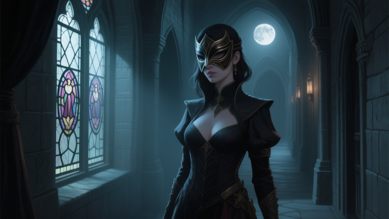 自动生成图片: Ilustrasi digital seorang wanita misterius dengan topeng elegan setengah wajah, berdiri di koridor kastil tua yang remang-remang, cahaya bulan menyelinap dari jendela kaca patri, gaya seni konsep game petualangan, atmosfer misterius dan mendalam high quality illustration, detailed, 16:9