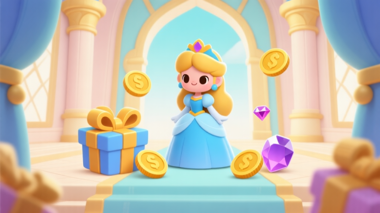 自动生成图片: Ilustrasi gaya game mobile yang menunjukkan karakter putri di dalam istana, dikelilingi simbol-simbol hadiah seperti kotak, koin, dan batu permata. Warna pastel dominan emas dan biru muda, desain clean dan ceria. high quality illustration, detailed, 16:9
