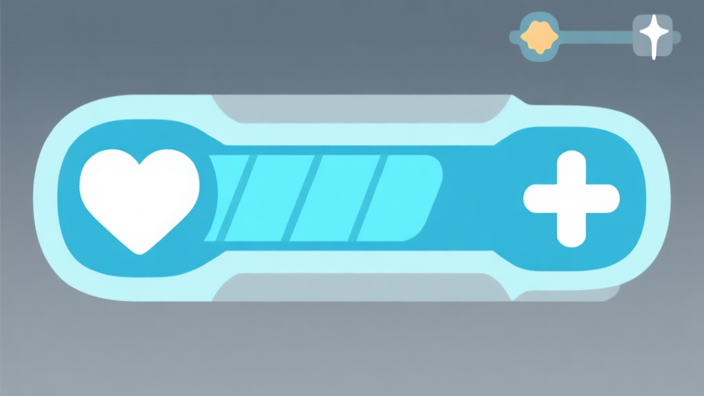 Ilustrasi minimalis antarmuka game dengan ikon hati (health bar) yang rendah dan ikon plus (+) yang bersinar, skema warna biru muda dan abu-abu, desain bersih, gaya infografis game high quality illustration, detailed, 16:9