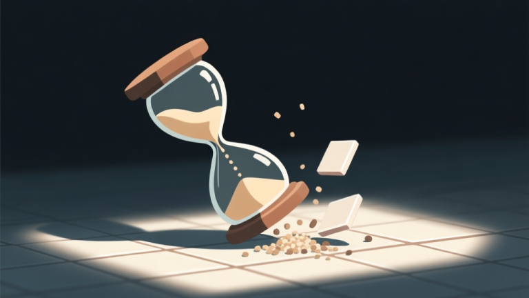 自动生成图片: Ilustrasi minimalis jam pasir dengan ubin mahyong (tile) jatuh menggantikan butir pasir, latar belakang gelap dengan sorotan cahaya pada jam, nuansa tegang dan fokus, gaya seni digital yang bersih high quality illustration, detailed, 16:9